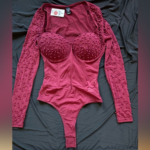 Burgundy Faux Pearl Corset Bodysuit by Windsor - Picture 7 of 7